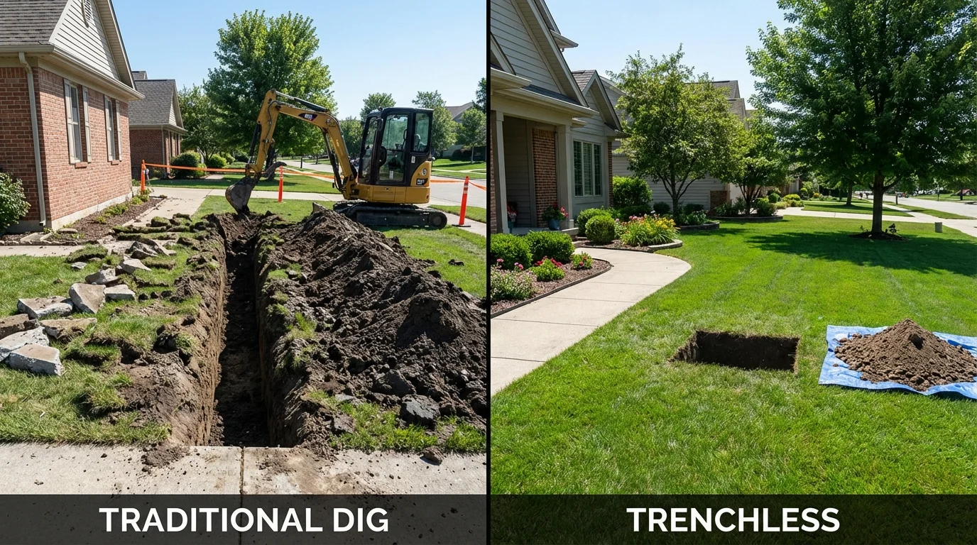 Trenchless sewer repair with minimal yard damage versus traditional excavation in Warwick, RI