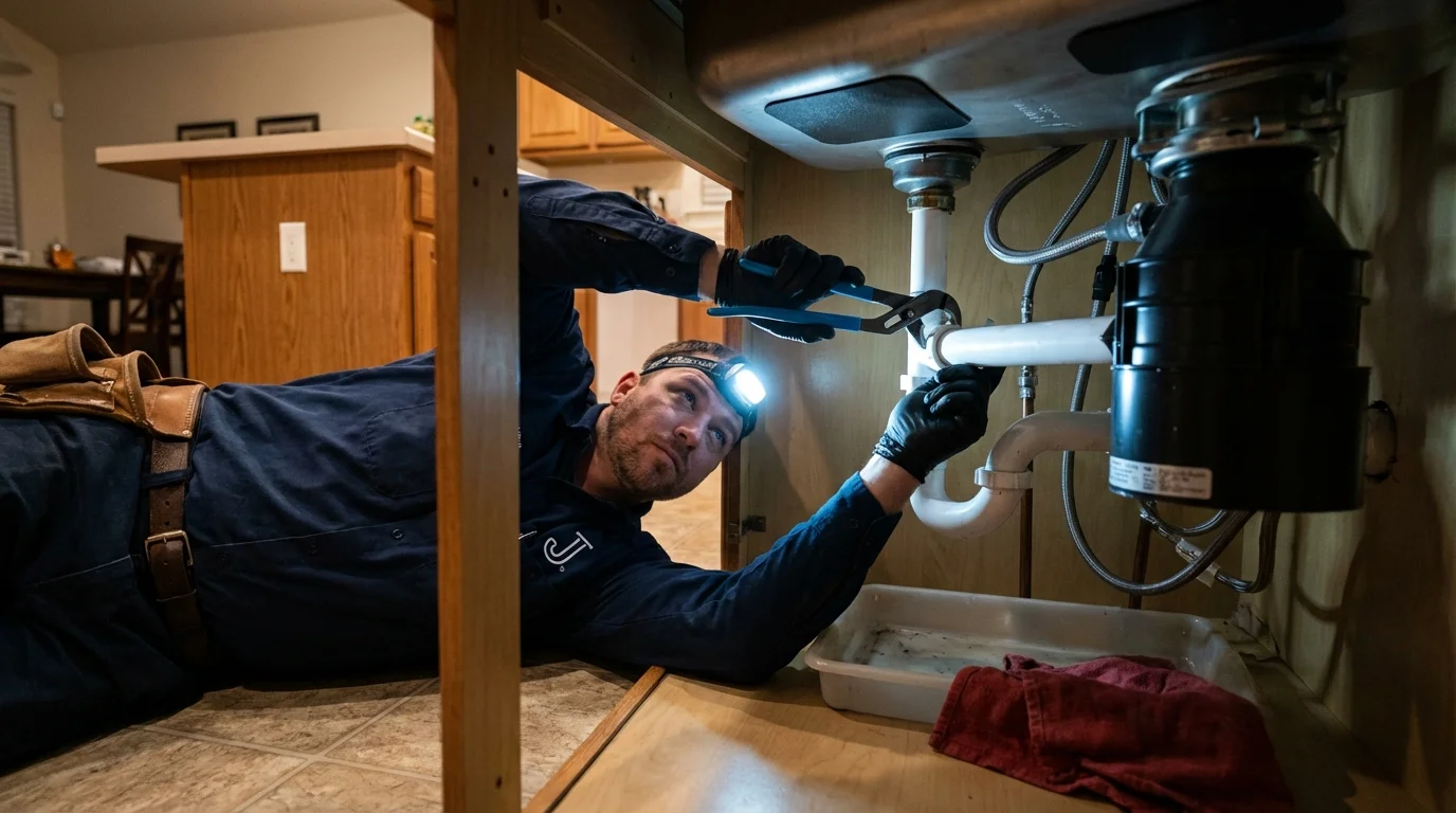 P-trap and supply line connections under a kitchen sink showing a common leak point in Warwick, RI